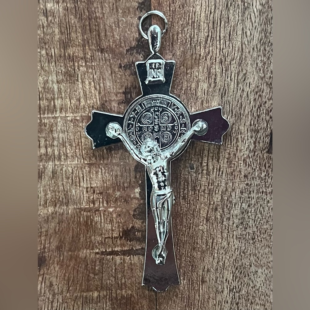 1.5” x 3” Large Silver Plated Steel St. Benedict Medal Crucifix Cross Pendant